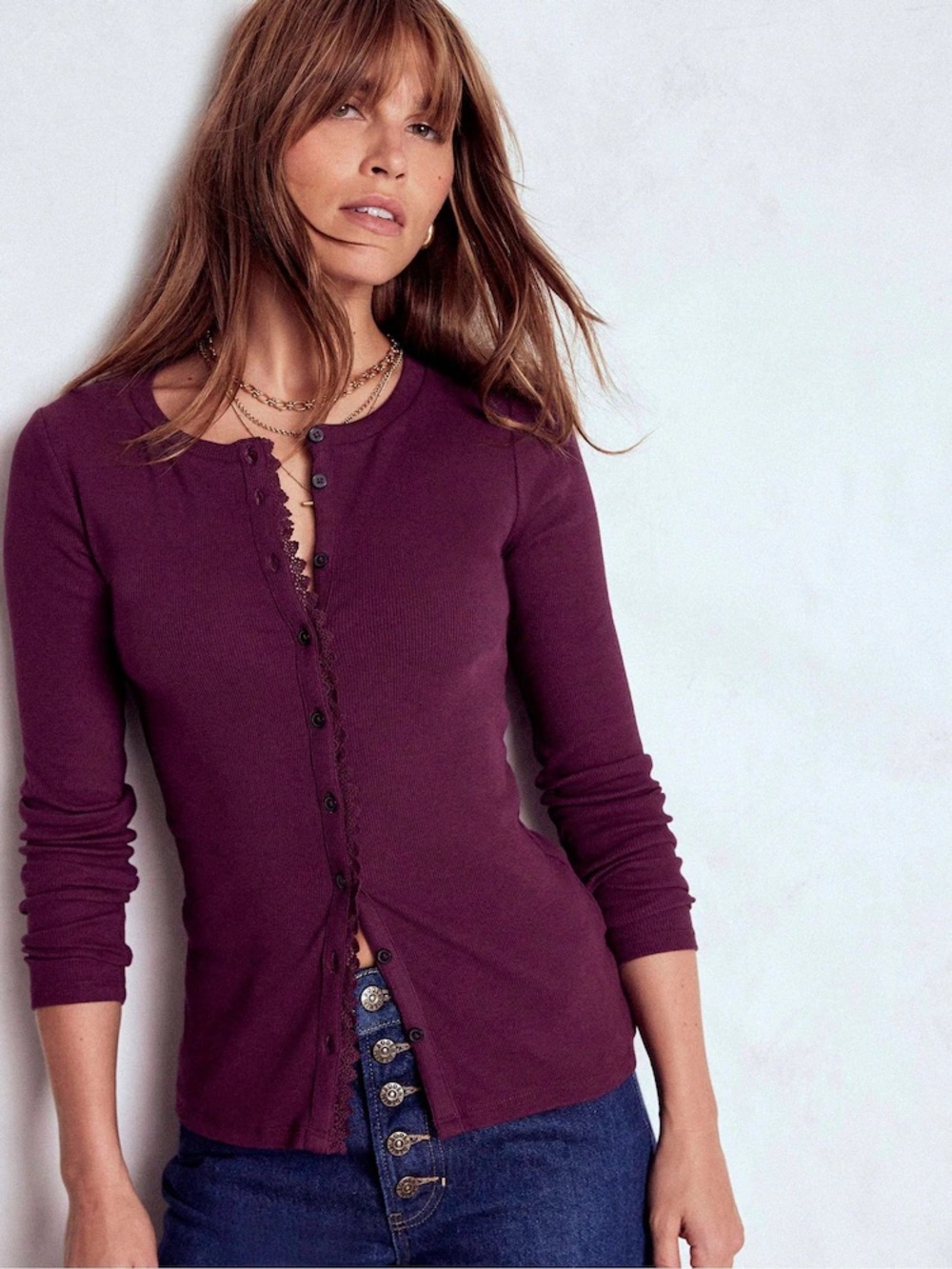 BODEN Women’s Evie Purple Button-up Through Ribbed Top T1976